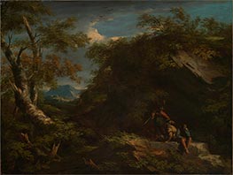 Bergige Waldlandschaft mit rastenden Kriegern, n.d. von Salvator Rosa | Kunstdruck