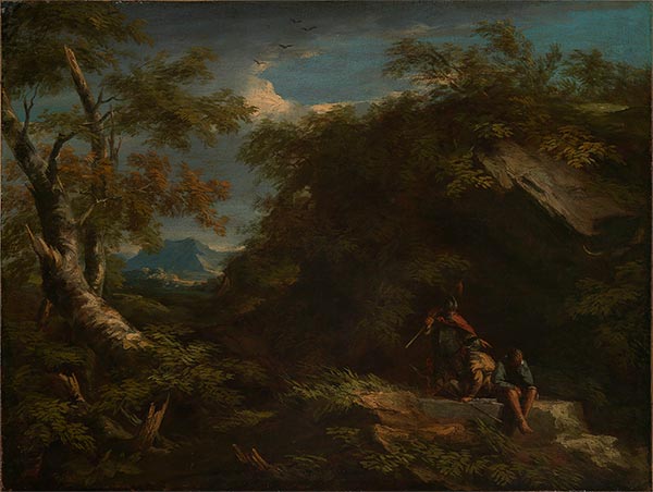 Waldlandschaft mit rastenden Kriegern, n.d. von Salvator Rosa | Giclée Leinwand-Kunstdruck