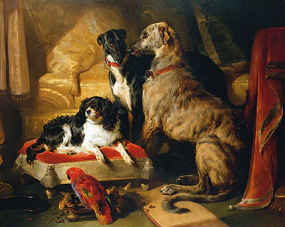 Hector, Nero and Dash with the Parrot Lory, 1838 | Landseer | Giclée Leinwand Kunstdruck