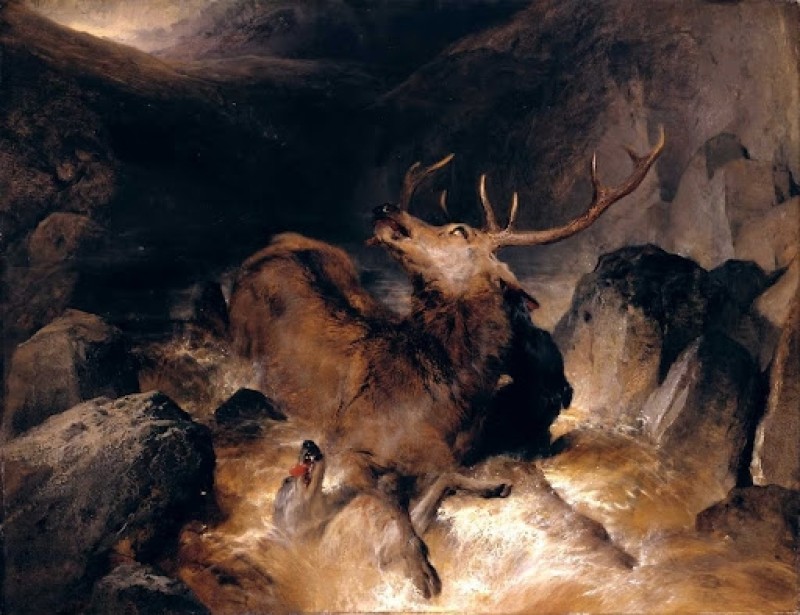 Hirsch und Hirschhunde in einem Gebirgsbach, 1832 | Landseer | Giclée Leinwand-Kunstdruck