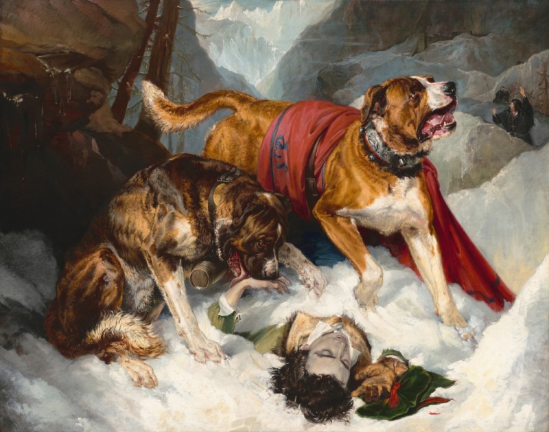 Alpine Mastiffs Reanimating a Distressed Traveler, 1820 | Landseer | Giclée Canvas Print