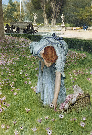 Flora - Frühling in den Gärten der Villa Borghese, 1877 von Alma-Tadema | Papier-Kunstdruck