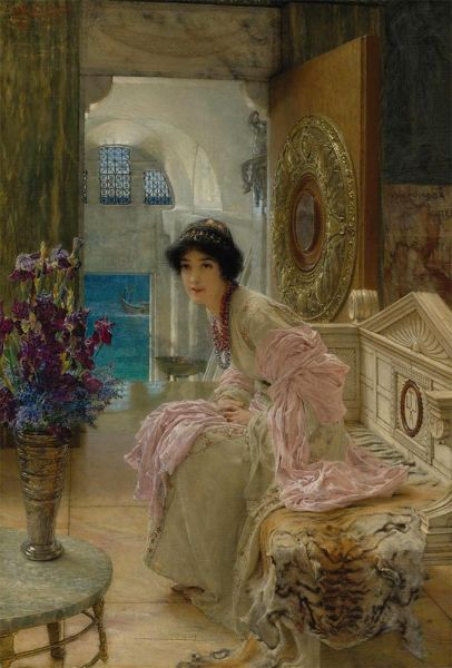 Warten und Beobachten, 1897 von Alma-Tadema | Leinwand-Kunstdruck