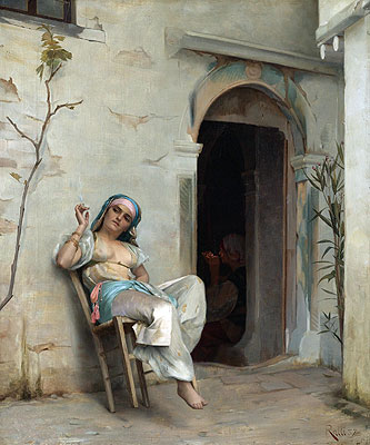 Türkische Frau rauchend (im Hof), 1887 von Theodore Jacques Ralli | Leinwand-Kunstdruck