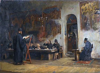 Refektorium in einem griechischen Kloster (Berg Athos), 1885 von Theodore Jacques Ralli | Leinwand-Kunstdruck