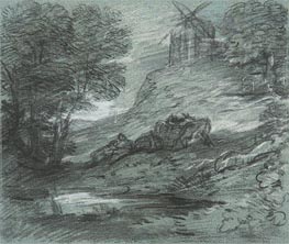 Wooded Landscape with Rustic Lovers, Packhorses and Windmill, n.d. von Gainsborough | Papier-Kunstdruck