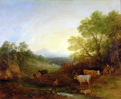A Landscape with Cattle and Figures by a Stream and a Distant Bridge, c.1772/74 | Gainsborough | Giclée Canvas Print