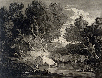 Wooded Landscape with Figures and Cows at a Watering Place, c.1776/77 | Gainsborough | Giclée Papier-Kunstdruck