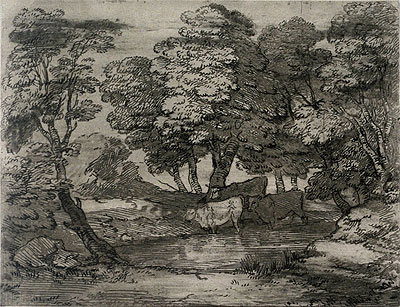 Wooded Landscape with Three Cows at a Pool, n.d. | Gainsborough | Giclée Papier-Kunstdruck