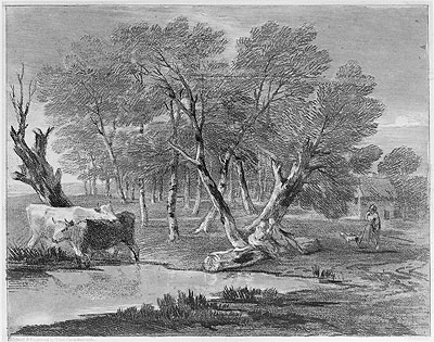 Wooded Landscape with Cows beside a Pool, Figures and Cottage, c.1775/80 | Gainsborough | Giclée Paper Print