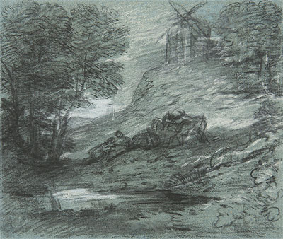 Wooded Landscape with Rustic Lovers, Packhorses and Windmill, n.d. | Gainsborough | Giclée Paper Art Print