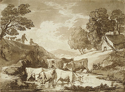 Wooded Landscape with Cows at a Watering Place, Figures and Cottage, c.1785 | Gainsborough | Giclée Papier-Kunstdruck