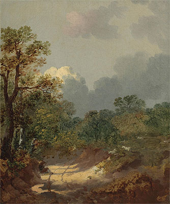 Wooded Landscape with a Shepherd Resting by a Sunlit Track and Scattered Sheep, n.d. | Gainsborough | Giclée Leinwand Kunstdruck