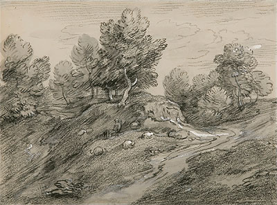Wooded Upland Landscape with Shepherd and Sheep and Country Track Winding around a Knoll, c.1785 | Gainsborough | Giclée Paper Art Print