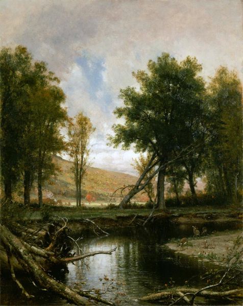 Landschaft mit Bach und Hirschen, c.1877 | Thomas Worthington Whittredge | Giclée Leinwand Kunstdruck