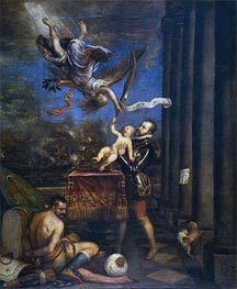 Following Victory at Lepanto, Felipe II offers Prince Fernando to Heaven, c.1572/75 by Titian | Canvas Print
