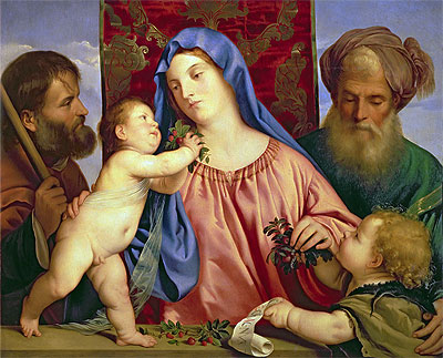 Madonna of the Cherries with Joseph, St. Zacharias and John the Baptist, c.1516/18 | Titian | Giclée Leinwand Kunstdruck