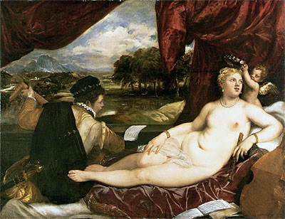 Venus and Cupid with a Lute Player, c.1555/65 | Titian | Giclée Leinwand Kunstdruck