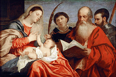 Saint Mary with Child and Saints Stephen, Jerome and Maurice, c.1520 | Titian | Giclée Leinwand Kunstdruck