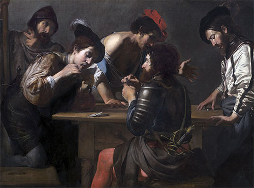 Soldaten, die Karten und Würfel spielen (Die Betrüger), c.1618/20 | Valentin de Boulogne