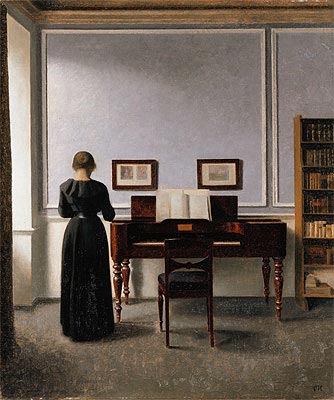 Interieur. Wohnzimmer mit Klavier und Frau in Schwarz gekleidet, 1901 | Hammershoi