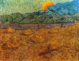 Landscape with Wheat Sheaves and Rising Moon, 1889 von Vincent van Gogh | Leinwand Kunstdruck