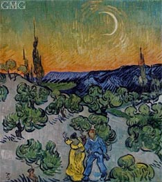 Landscape with Couple Walking and Crescent Moon | Vincent van Gogh | Painting Reproduction