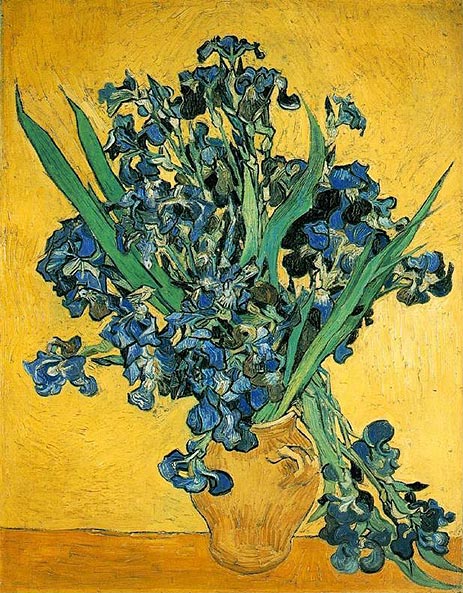 Vase mit Schwertlilien vor gelbem Hintergrund, 1890 | Vincent van Gogh | Giclée Leinwand Kunstdruck
