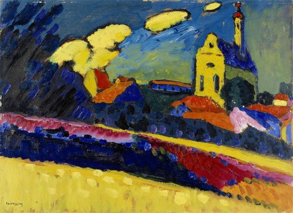 Studie zu Murnau - Landschaft mit Kirche, 1909 | Kandinsky | Giclée Leinwand Kunstdruck