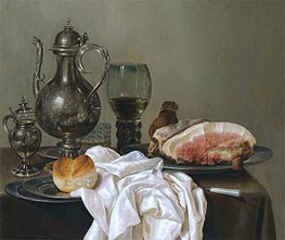 A Still Life with a Silver Tazza, a Roemer with White Wine and Ham, undated by Claesz Heda | Canvas Print