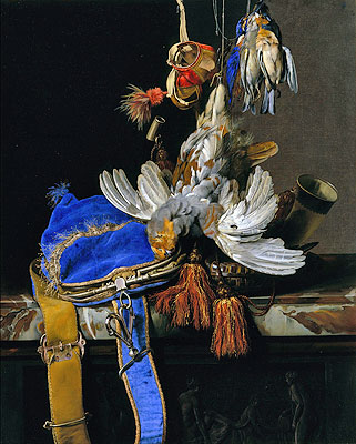 Stillleben mit Wild und einer blauen Samtwildtasche auf einer Marmorplatte, c.1665 | Willem van Aelst
