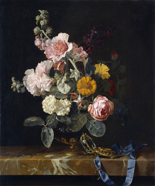 Stillleben mit Blumenvase und Taschenuhr, 1656 | Willem van Aelst | Giclée Leinwand Kunstdruck