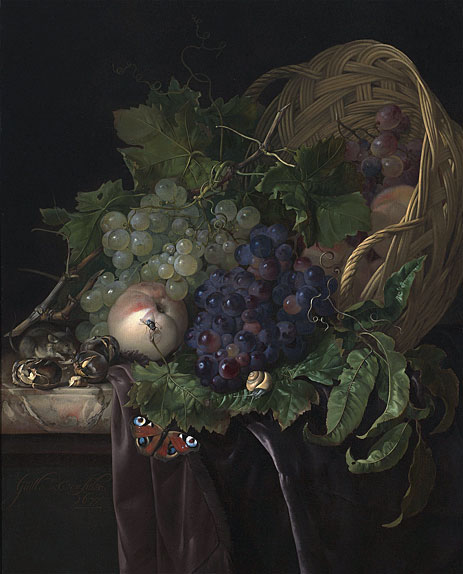 Peaches, Chestnuts and Grapes in an Overturned Basket Resting on a Partially Draped Marble Ledge, 1677 | Willem van Aelst | Giclée Leinwand Kunstdruck