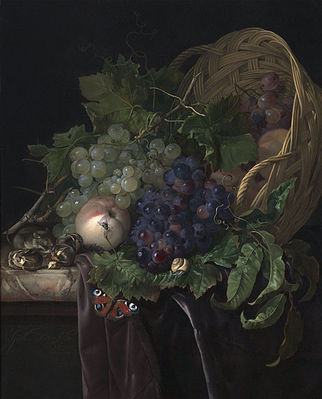 Pfirsiche, Kastanien und Trauben in einem umgestürzten Korb auf einem teilweise drapierten Marmorsims, 1677 | Willem van Aelst
