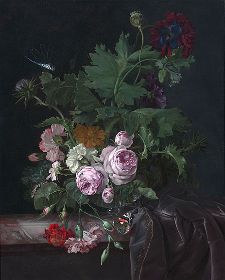 Pfingstrosen, Nelken, Disteln und andere Blumen in einer Glasvase auf einem teilweise drapierten Tisch, 1677 | Willem van Aelst