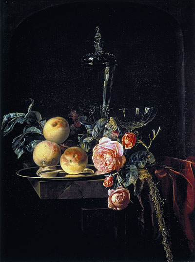 Rosen und Pfirsiche, 1659 von Willem van Aelst | Leinwand-Kunstdruck