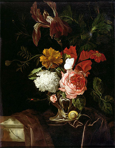 Blumen in einer Silbervase mit einer Schnecke und ..., n.d. von Willem van Aelst | Leinwand-Kunstdruck