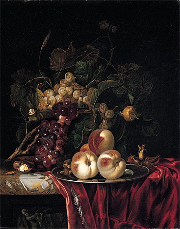 Stillleben mit Pfirsichen auf einem Zinnteller, n.d. von Willem van Aelst | Leinwand-Kunstdruck