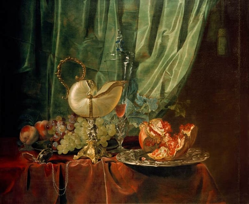 Stillleben mit Nautiluspokal und Granatapfel, c.1650 | Willem van Aelst | Giclée Leinwand-Kunstdruck