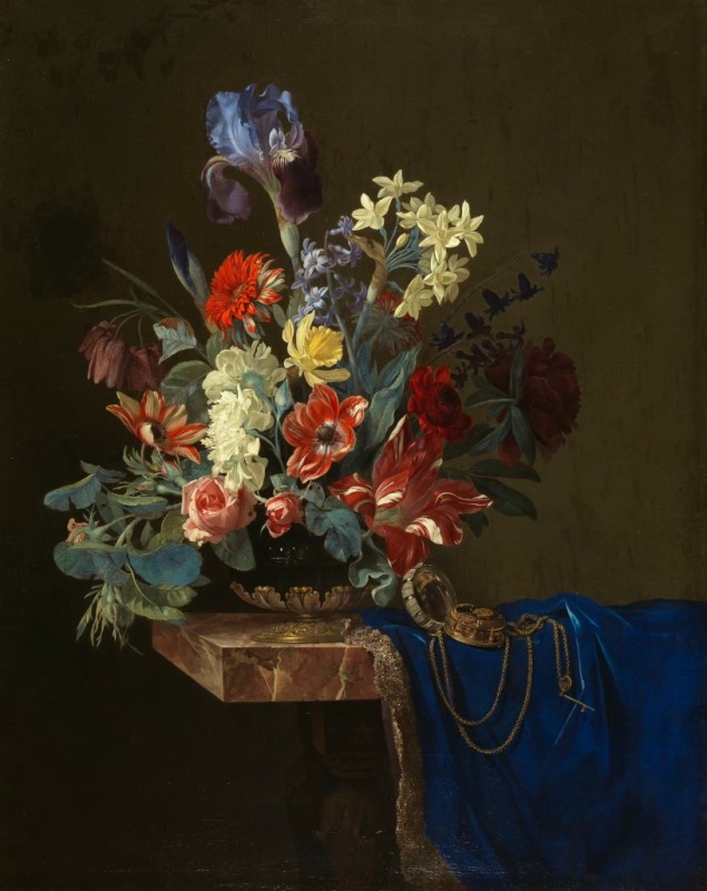 Vase mit Blumen und Uhr, 1652 | Willem van Aelst | Giclée Leinwand-Kunstdruck