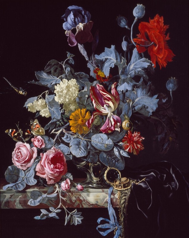 Eine Vase mit Blumen und einer Uhr, c.1642/83 | Willem van Aelst | Giclée Leinwand-Kunstdruck