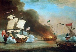 An English Ship in Action with Barbary Corsairs, 1685 by Willem van de Velde | Canvas Print