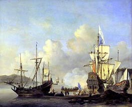 Calm: French Merchant Ships at Anchor | Willem van de Velde | Painting Reproduction