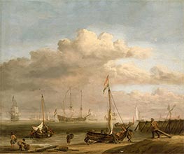 The Dutch coast with a weyschuit being launched and another vessel pushing off from the shore | Willem van de Velde | Painting Reproduction