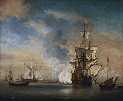 English Warship Firing a Salute, 1690 | Willem van de Velde | Giclée Leinwand Kunstdruck