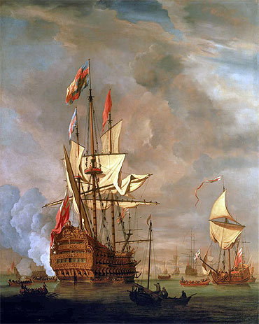 The English Ship 'Royal Sovereign' With a Royal Yacht in a Light Air, 1703 | Willem van de Velde | Giclée Leinwand Kunstdruck