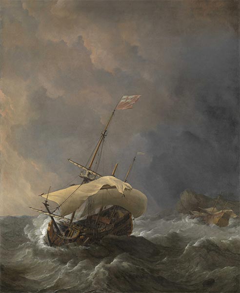 An English Ship in a Gale Trying to Claw off a Lee Shore, 1672 | Willem van de Velde | Giclée Leinwand Kunstdruck