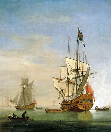 An English Sixth-Rate Ship Firing a Salute As a Barge Leaves, A Royal Yacht Nearby, 1706 | Willem van de Velde | Giclée Leinwand Kunstdruck