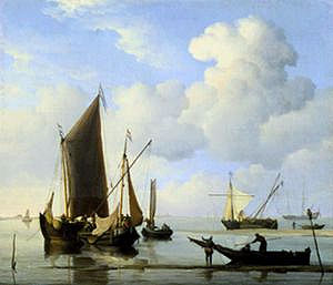 Calm: Fishing Boats at Low Water, c.1660 | Willem van de Velde | Giclée Leinwand Kunstdruck
