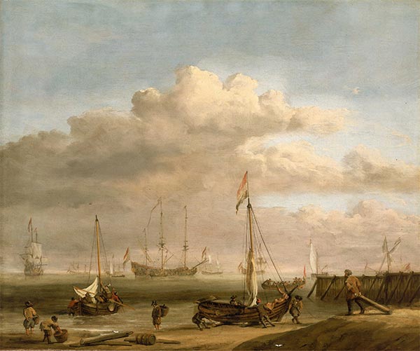The Dutch coast with a weyschuit being launched and another vessel pushing off from the shore, c.1690 | Willem van de Velde | Giclée Leinwand Kunstdruck